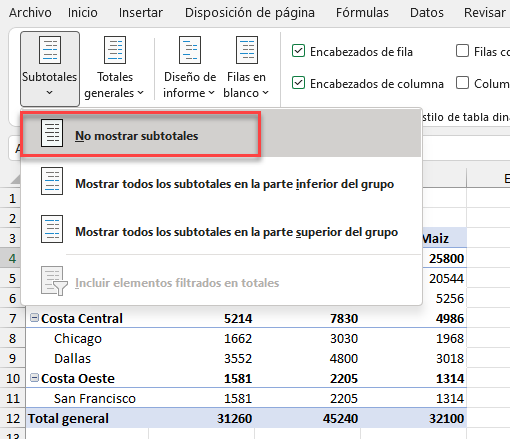 No Mostrar Subtotales