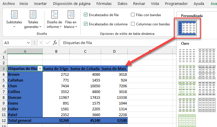 Nuevo Estilo de Tabla Dinámica Implementado