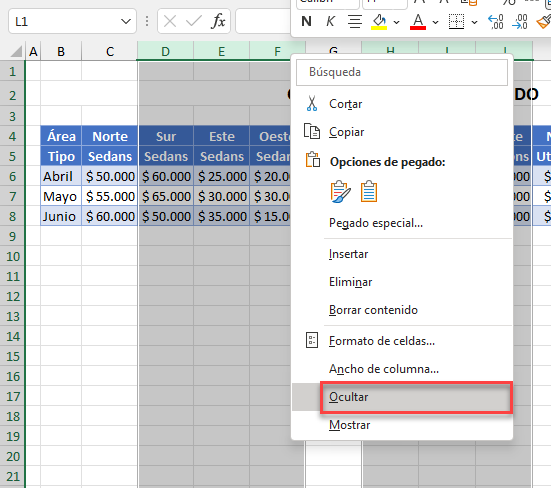 Ocultar Columnas en Excel