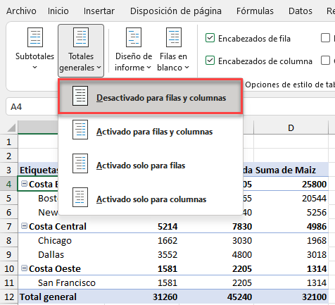 Ocultar Totales Generales para Filas y Columnas