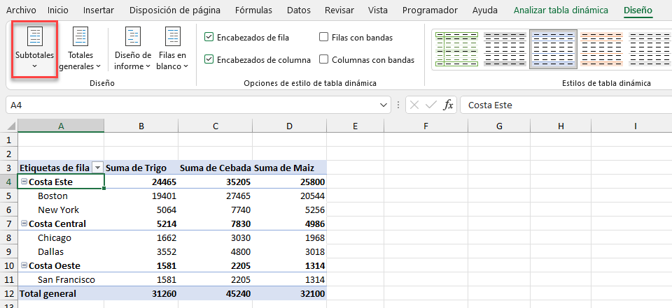 Ocultar y Mostrar Subtotales en Tabla Dinámica