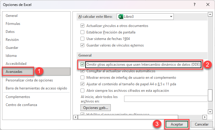 Omitir Otras Aplicaciones que usen intercambio DDE