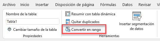 Opción Convertir en Rango