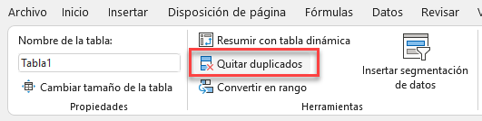 Opción Quitar Duplicados