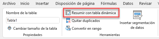 Opción Resumir con Tabla Dinámica