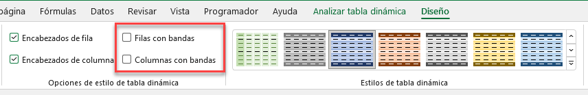 Opciones Filas y Columnas con Bandas