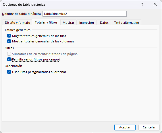 Opciones de Tabla Dinámica Totales y Filtros