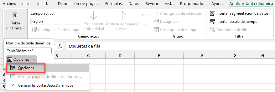 Opciones de Tabla Dinámica en Excel