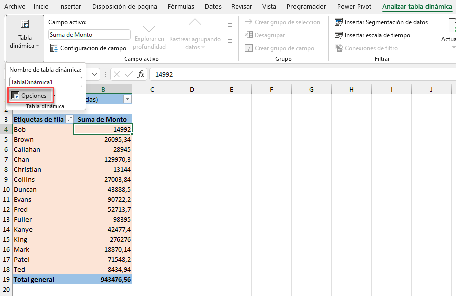 Opciones de Tabla Dinámica