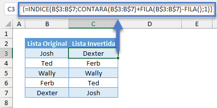 Orden Invertido Utilizando las Funciones INDICE CONTARA y FILA