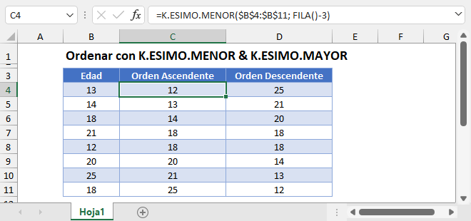 Ordenar con Funciones K.ESIMO.MENOR y K.ESIMO.MAYOR en Excel