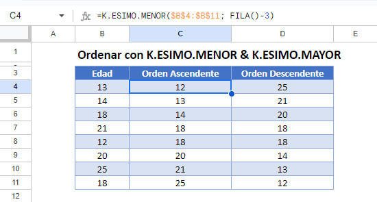 Ordenar con Funciones K.ESIMO.MENOR y K.ESIMO.MAYOR en Google Sheets