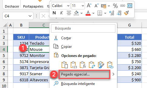 Pegado Especial en Excel