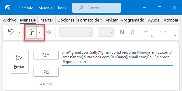 Pegar Lista en Nuevo Mensaje de Outlook desde Word