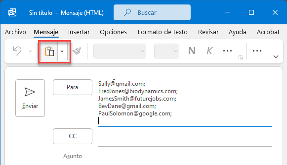 Pegar Lista en Nuevo Mensaje de Outlook