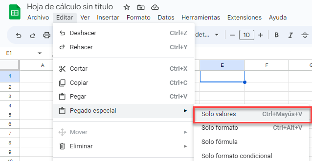 Pegar Solo Valores en Google Sheets