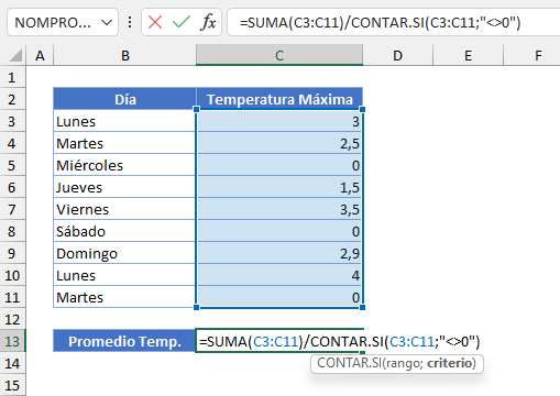 Promedio Celdas Diferentes a Cero