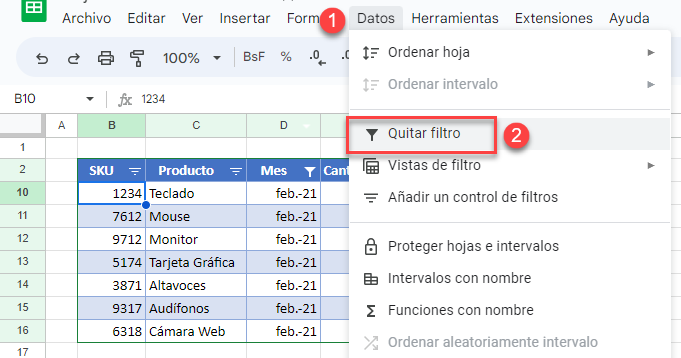 Quitar Filtro en Google Sheets