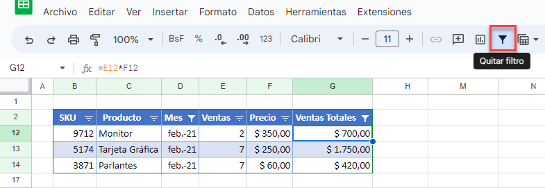 Quitar Filtro en Google Sheets