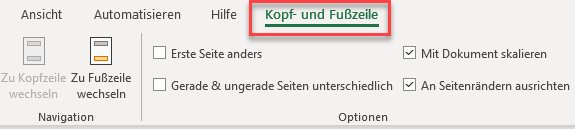 Registerkarte Kopf und Fusszeile