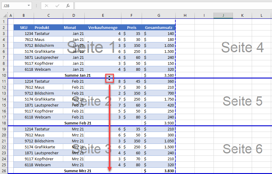 Seitenumbruch in Excel verschieben