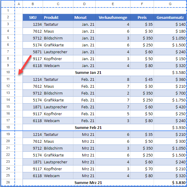 Seitenumbruch in Google Sheets entfernt