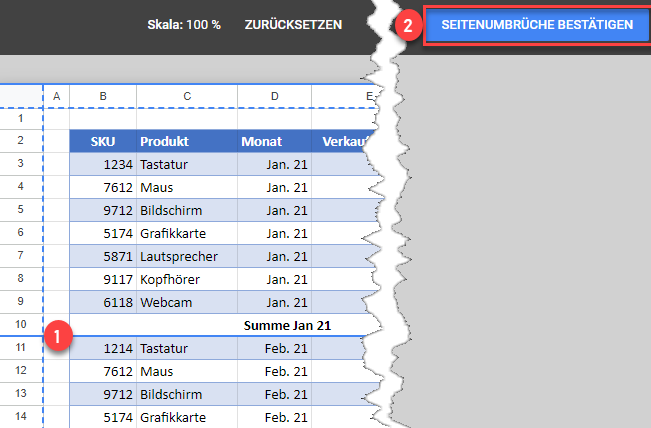 Seitenumbrueche in Google Sheets bestätigen