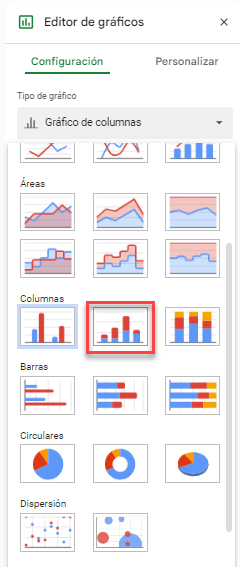 Seleccionar Gráfico de Columnas Apiladas en Google Sheets