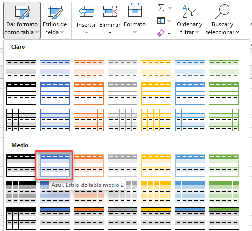 Seleccionar el Estilo del Formato de Tabla