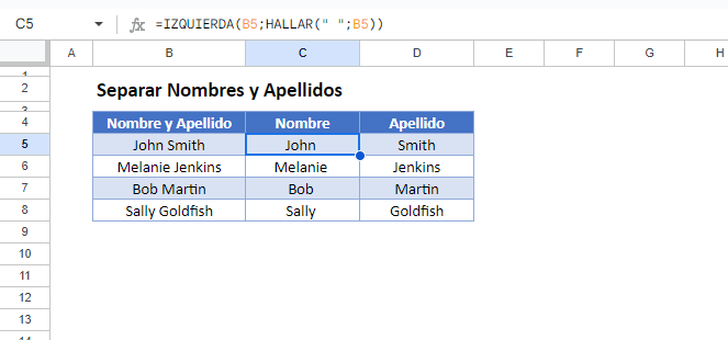 Separar Nombres y Apellidos en Google Sheets