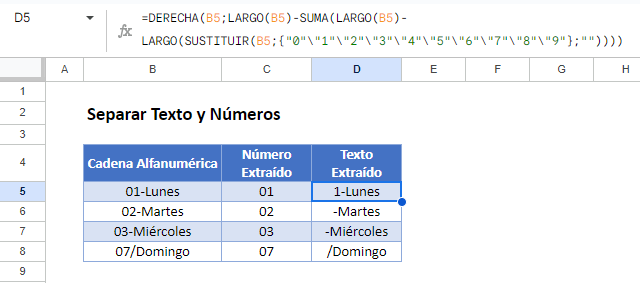 Separar Texto y Números en Google Sheets