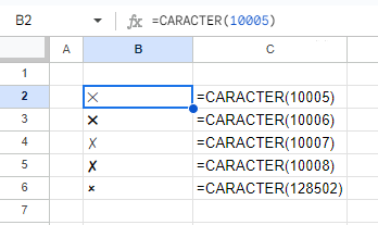 Símbolos de Cruz en Google Sheets