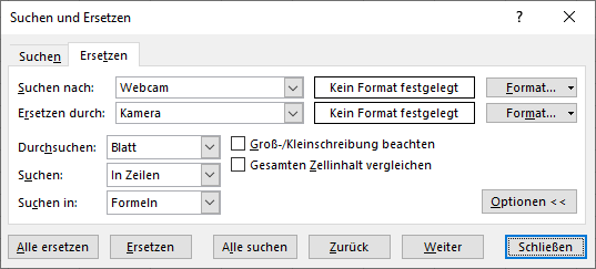 Suchen und Ersetzen Fenster Schliessen