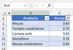 Tabla Filtrada con Autofiltro de Número Personalizado