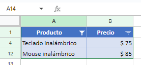 Tabla Filtrada por El Texto Contiene inalámbrico en Google Sheets