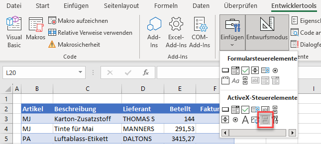 Umschaltfläche in Excel einfuegen