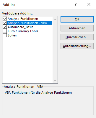 VBA Add in Analyse Funktionen aktivieren