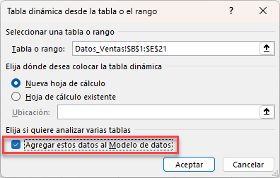 Ventana Crear Tabla Dinámica desde Tabla o Rango