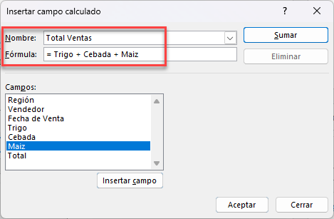 Ventana Insertar Campo Calculado