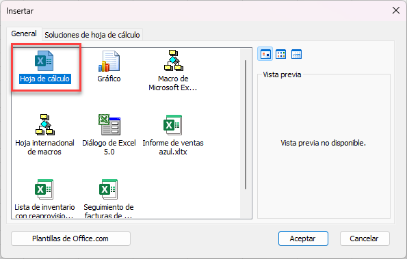 Ventana Insertar Hoja de Cálculo en Excel