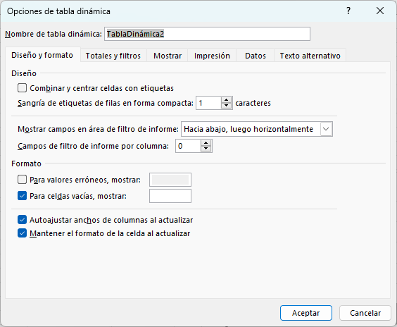 Ventana Opciones de Tabla Dinámica en Excel