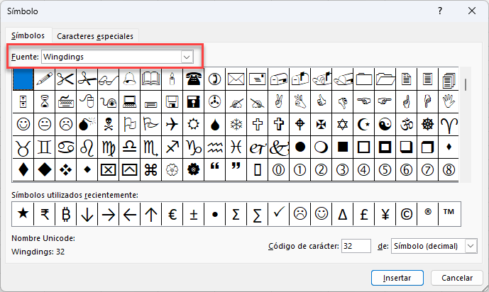 Ventana Símbolo Fuente Wingdings