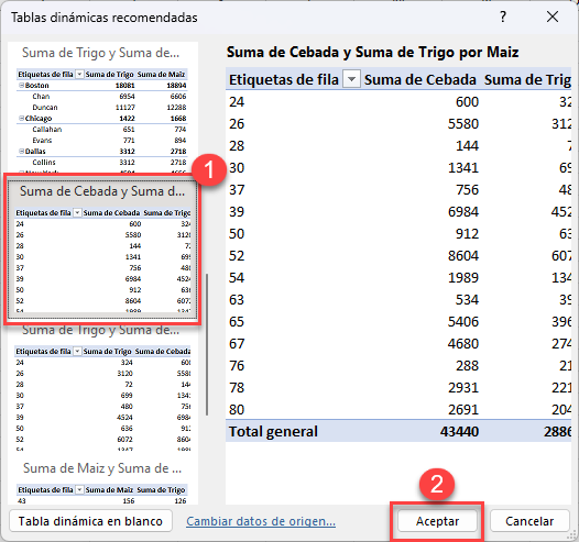 Ventana Tablas Dinámicas Recomendadas en Excel