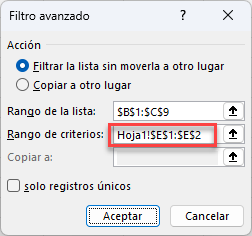 Ventana de Filtro Avanzado Configurar Criterios