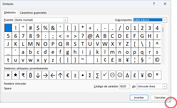 Ventana de Símbolos en Excel