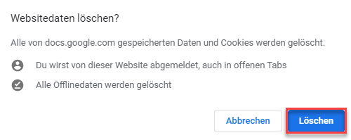 Website Einstellungen Dialogfenster Daten loeschen