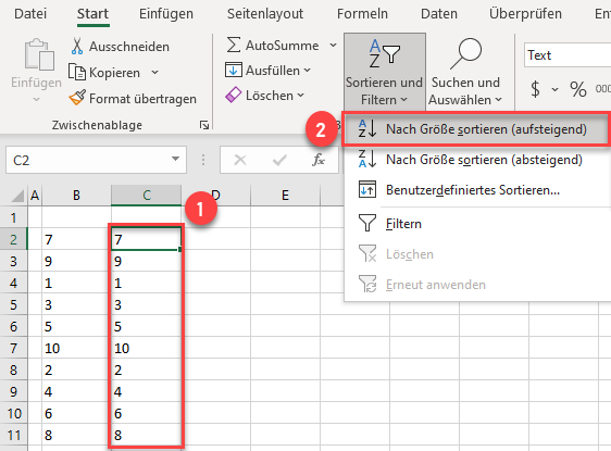 Zahlen in Excel aufteigend sortieren