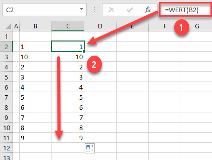 Zahlen in Excel mit WERT Funktion