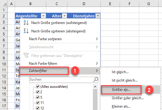 Zahlenfilter in Excel verwenden