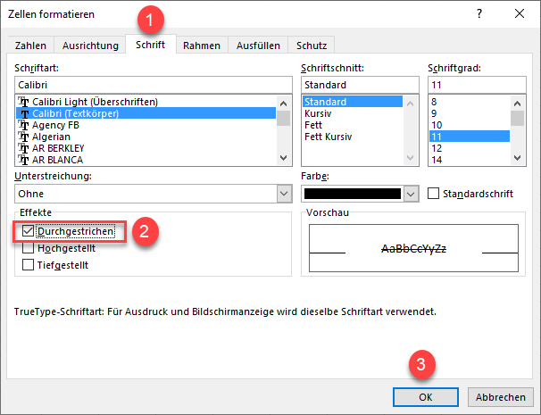 Zellen durch Schriftformat durchstreichen